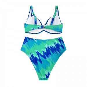 Turquoise gedrukt tweedelig zwempak met brede riemen