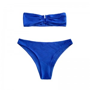Blauw patroon speciale stof strapless top u-button split zwempak