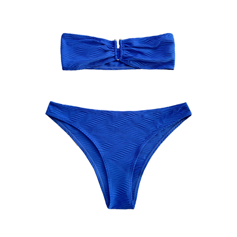Blauw patroon speciale stof strapless top u-button split zwempak