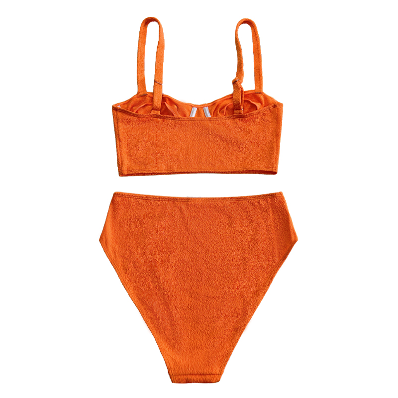 Oranje gegolfde stof brede zoom buste lijn split zwempak