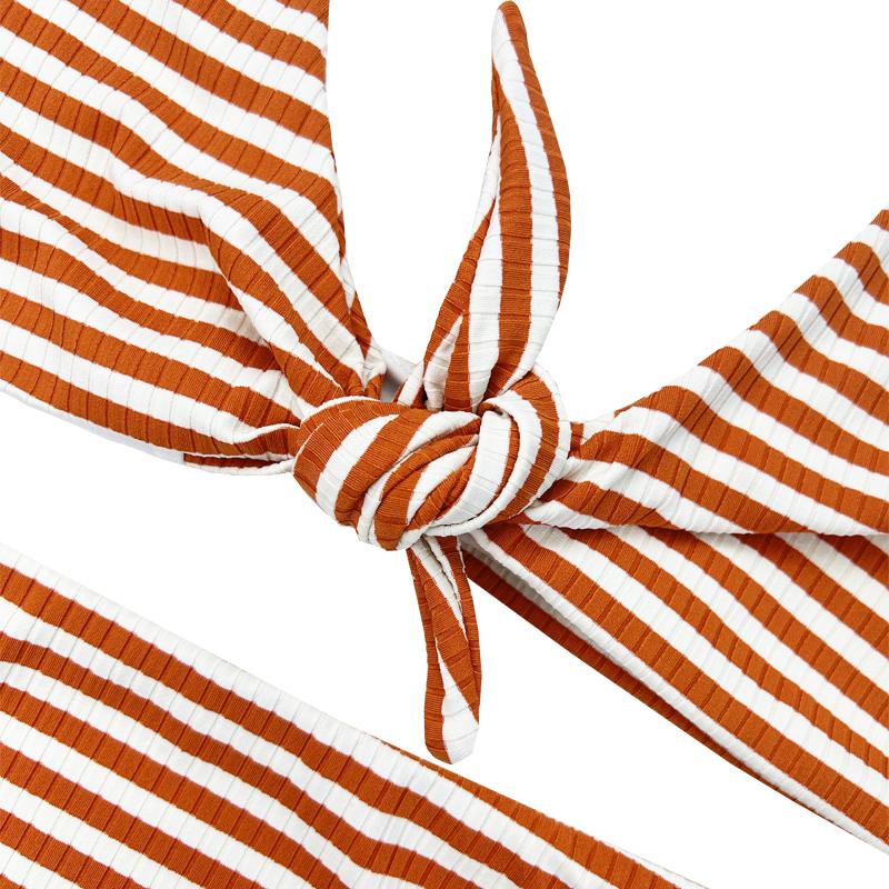 Oranje oranje witte strip brede schouderboog comfortabel hoge taille tweedelig zwempak