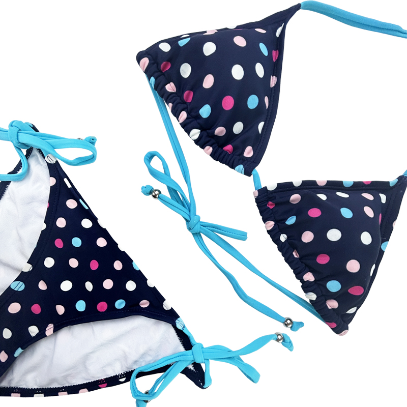 Marineblauw multicolor polka dot halter riem tweedelig zwempak