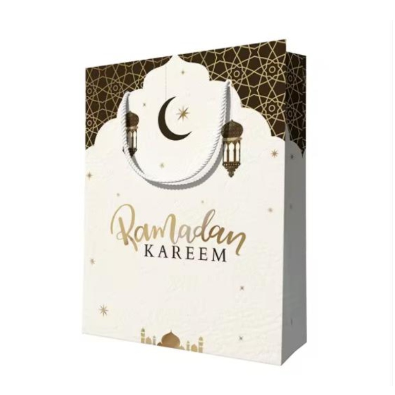 Custom Design herbruikbare Eid Mubarak Ramanda Muslin Islamitische festival Winkelpakketten Papiercadeauzakken met handgrepen