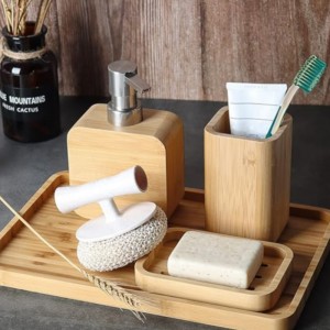 Handgemaakte bamboe gootsteen&badkameraccessoire sets retro set,natuurlijke, zeepschotelhouder voor douche, lotion soap dispenser, mondwaterbeker, splitsenbeker, organisator lade voor hotel, huis, kantoor