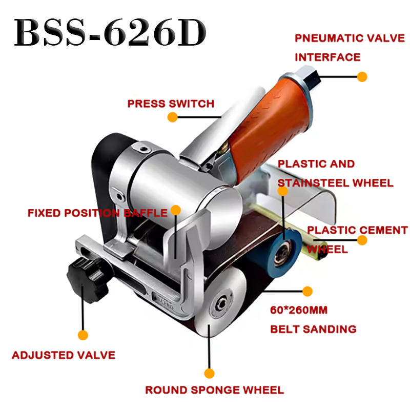 Hand-held industrieel-grade kleine pneumatische riem schuurmachine pneumatische riem schuurmachine groothandel BSS-626d pneumatische draadtrekeningmachine 60*260 roestvrijstalen riem schuurmachine pneumatische gordelpolijstmachine