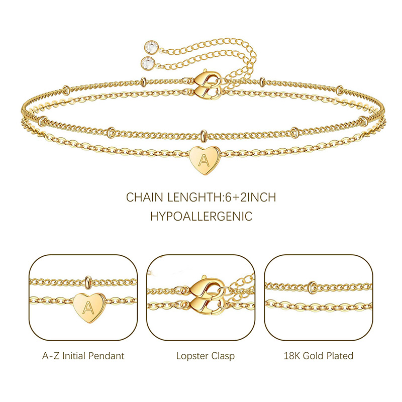 Hongde Gouden Hart armband 18K Vergulde Letter A-Z Initiële armband Hartarmbandstapels