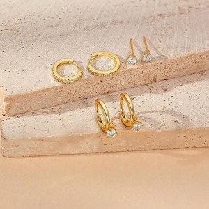 3 paar gouden hoepel oorbellen set: Sierlijke oorknopjes Trendy kleine 14K vergulde hypoallergene bengelende kraakbeen Huggie hoepel oorbellen voor vrouwen Gouden sieraden voor vrouwen meisjes geschenken