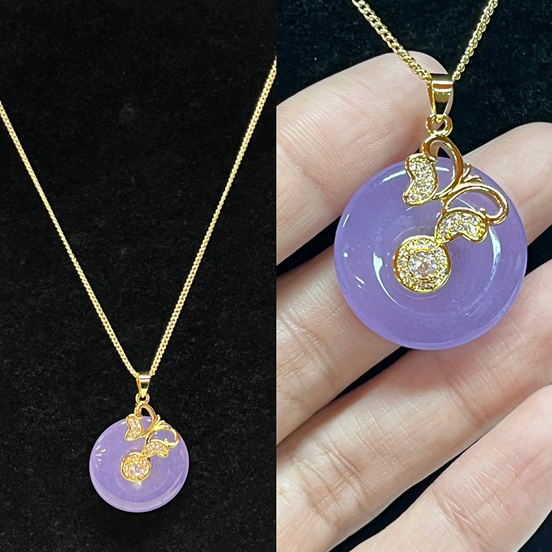 Lavendel Sereniteit Jade en gouden kersenbloesem hanger ketting met kubieke zirkonia
