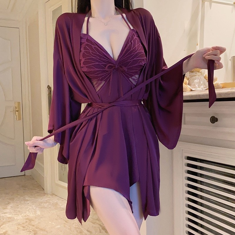Sexy vlinderkant kanten Suspendernachthemd met borstkussens en een diepe V-nek voor een verleidelijke uitstraling, hangen-Nekstijl, gecombineerd met een gewaad, thuiskleding set.p3945 Prijs:$199.99
