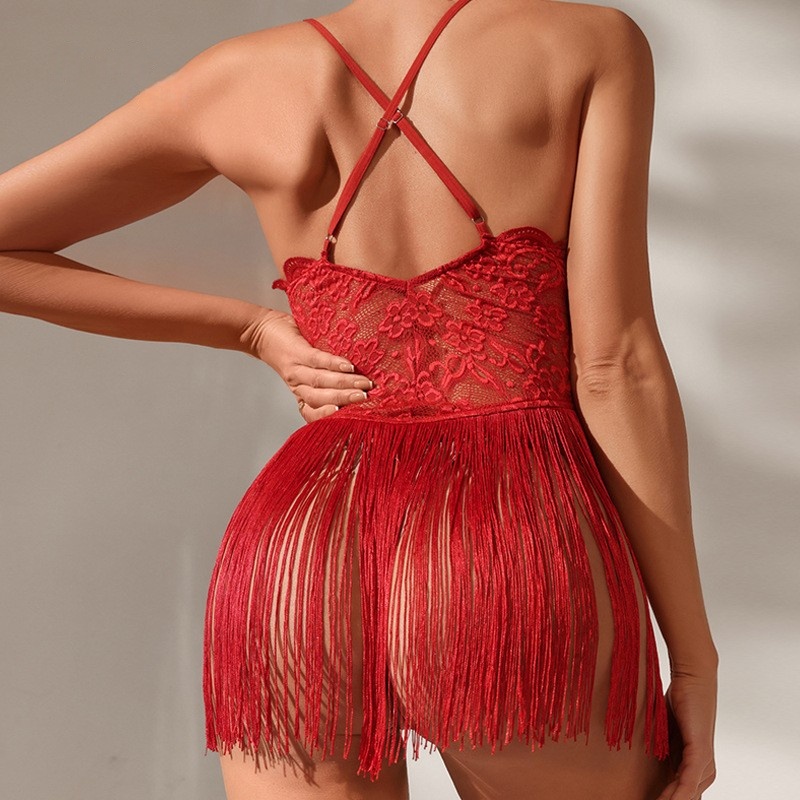 Sexy lingerie, sexy kant, puur ontwerp, diep v -nek voor een verleidelijke look, met kwastje - panelen en kruis - Backed Suspender Dress, F2640 Prijs:$79.99