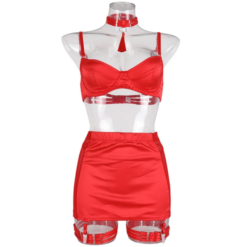 Sexy satijn-gestikte mesh pure koker rokje kwastje vrouwen\'s Fashion Lingerie Five-stuk set.my96618 Prijs:$119.99
