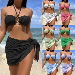 Sexy bikini zwempak drie-stuk set met een pure rok, halter-Nekstijl, solide kleurenzwempak voor vrouwen, verkrijgbaar op voorraad en meerdere kleuren SY816 Prijs:$79.99