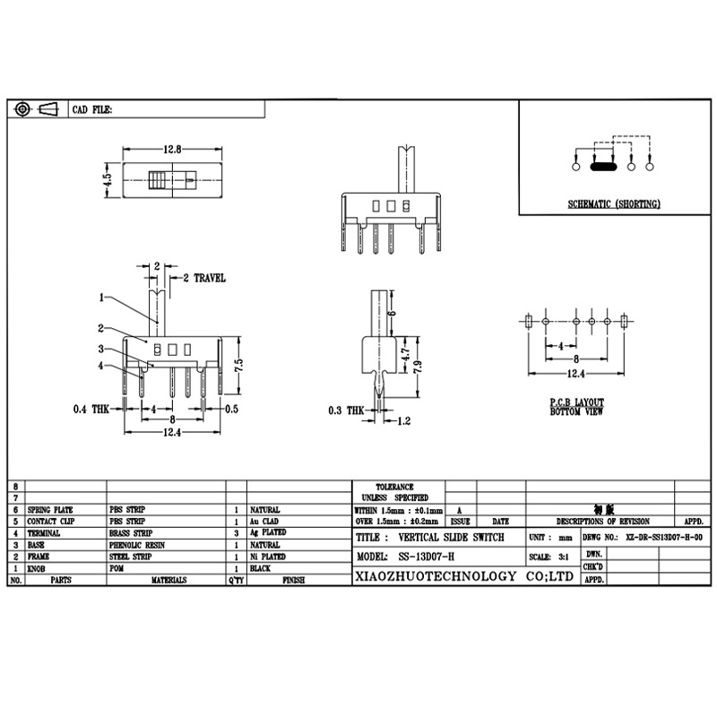 Dia -schakelaar SS13D07 Single-Rij vier-Pin Micro Toggle Switch, Vertical Toggle Switch voor elektrische apparaten, 3, 4, 5 en 6 posities schuifschakelaar
