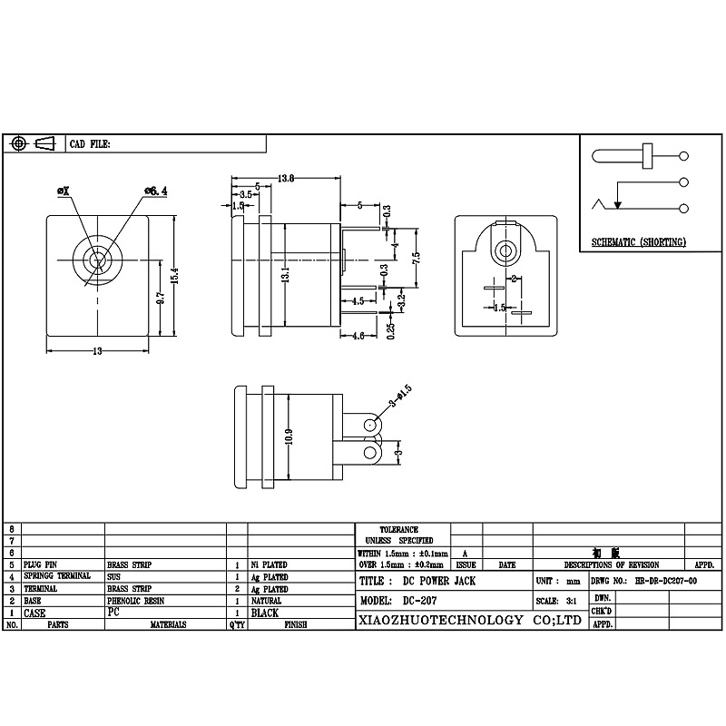 DC Socket DC-207, Direct Insertion Audio Socket, Two-pin koperen pin power laadaansluiting
