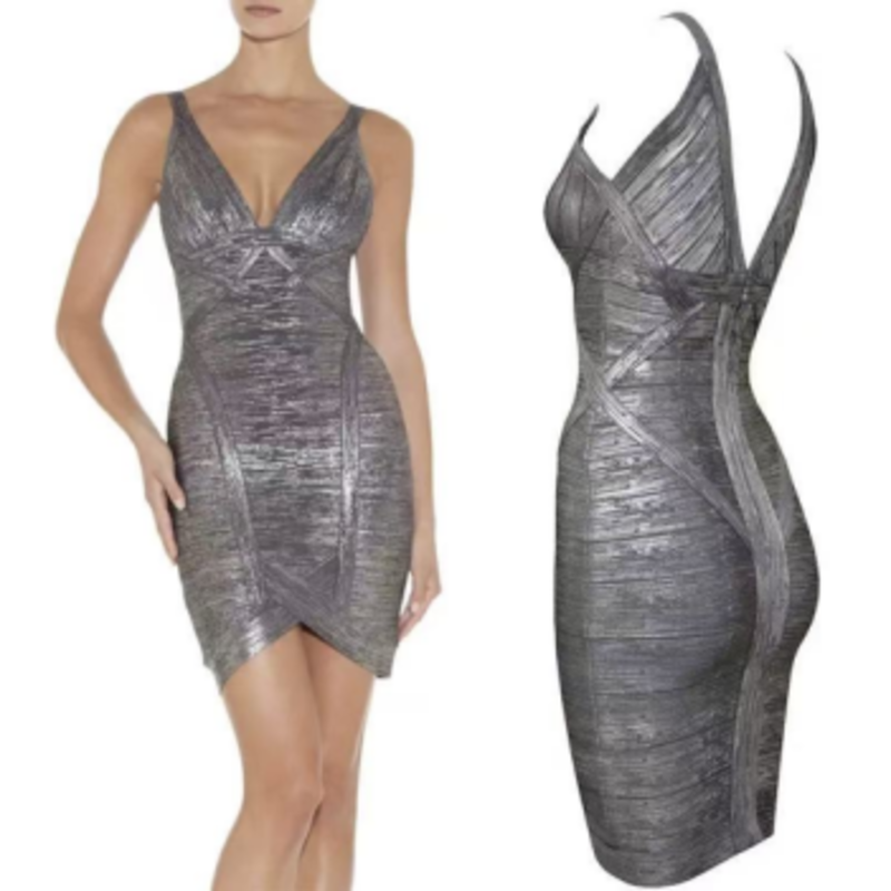 Zomer geprinte gouden gebreide dubbele v -ophangers strakke bandage jurk rok