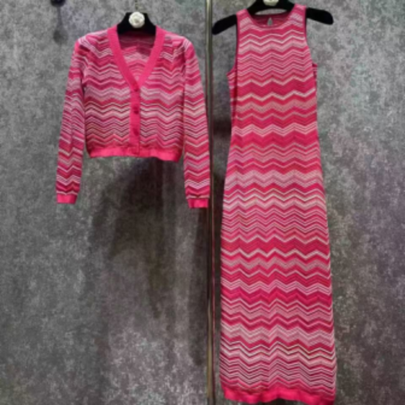 Zomer gebreide rondenek lange mouw intercolor vest, v-Nek mouwloze lange gebreide gestreepte kledingset