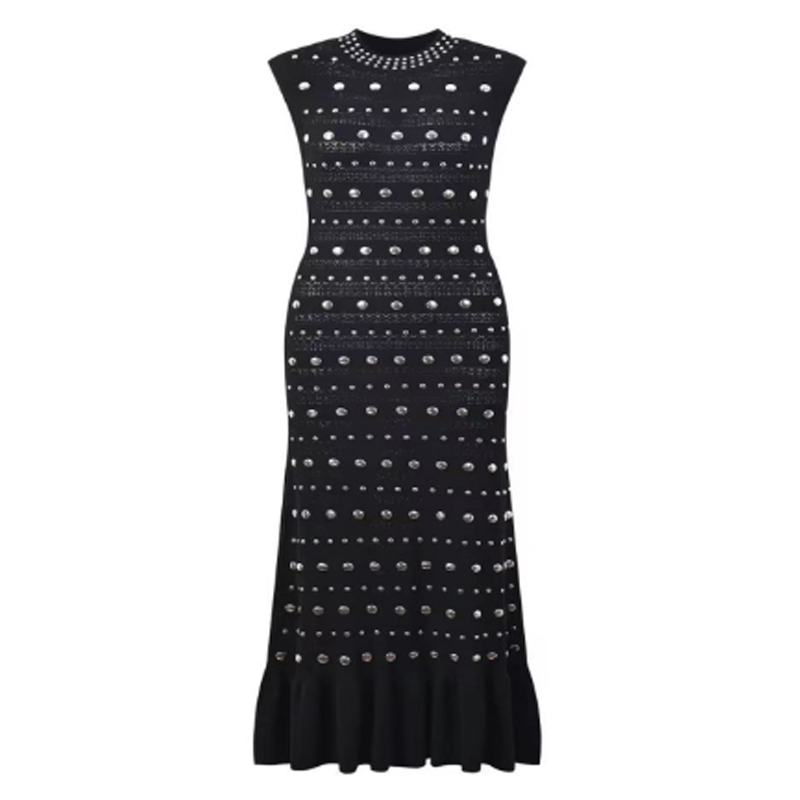 Zomer dollar kraag mouwloze schouderruche, metalen gebreide jurken