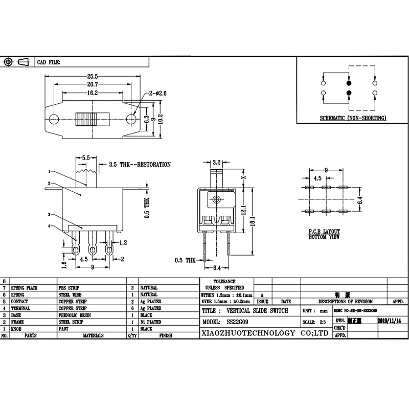 Slide Switch SS22G09 voor de vegen robot is een dubbel-Rij 6-Pin verticale schakelresetschakelaar