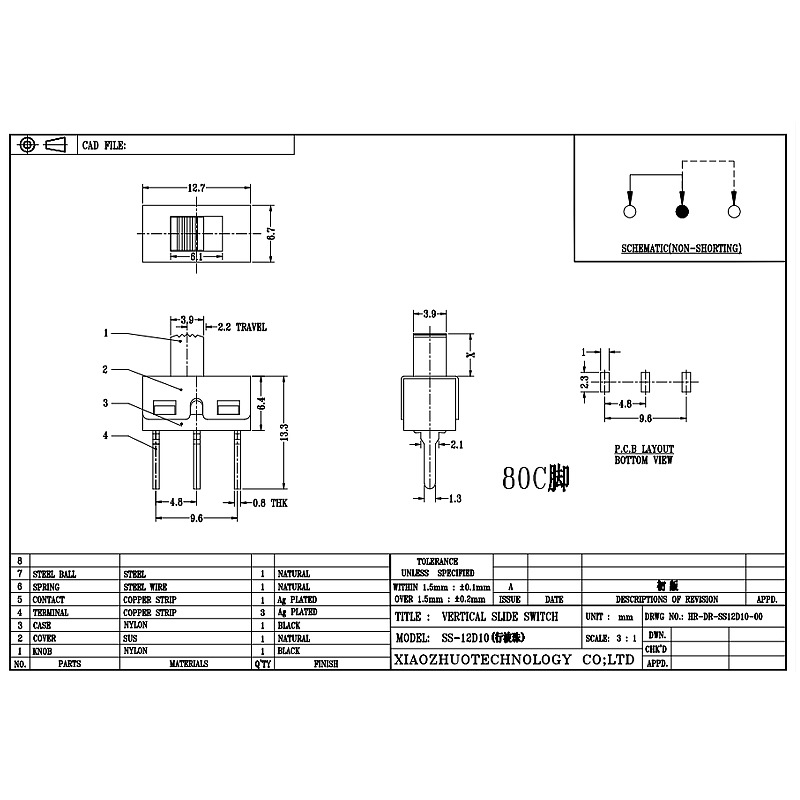 Slide Switch SS12D10 Elektronisch speelgoed Glijdende schakelaar 2-Positie 3-pin single-Stage Band Switch
