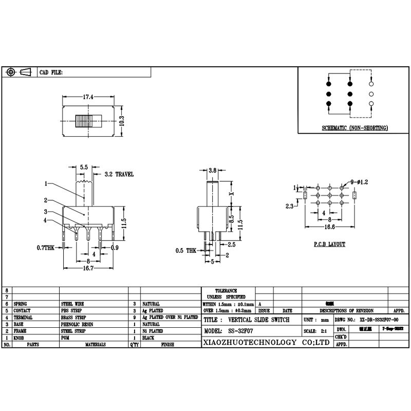 Slide Switch SS32F07 Twee-Positie schuifschakelaar, drie-op-aan de kant-Positie twee-Positie Slide Micro Mini Electronic Switch