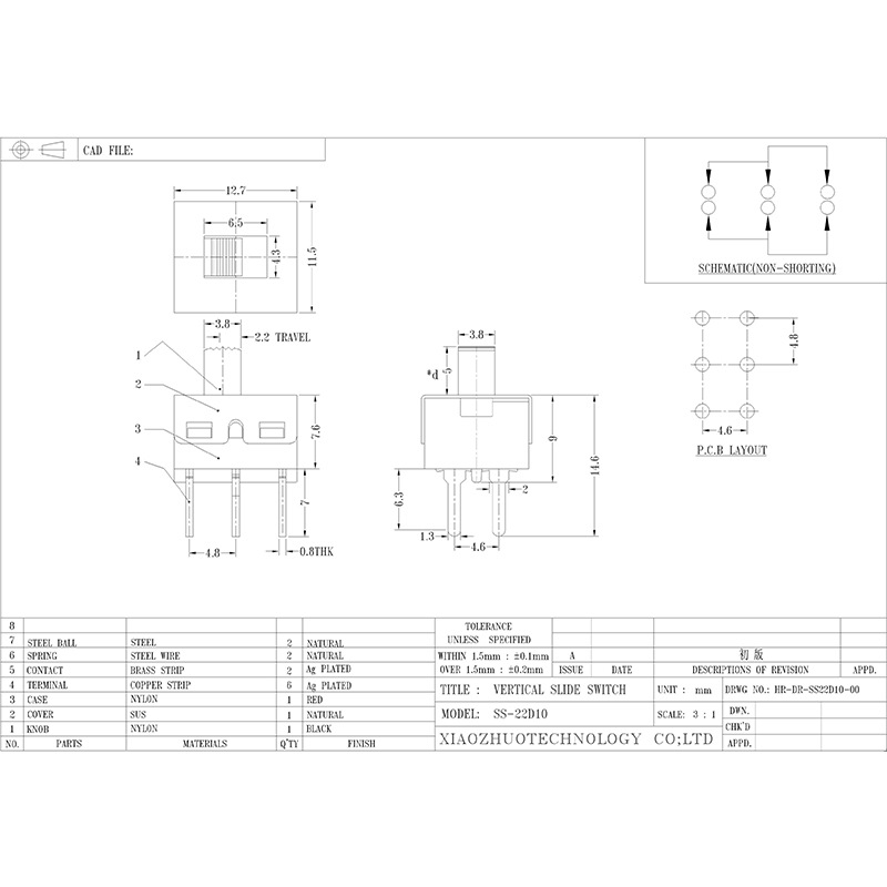 Slide Switch SS22D10 High-Huidige schuifschakelaar voor medisch speelgoed, audioapparatuur, elektronische producten, verticale en verticale pull 2-Positie schuifschakelaar