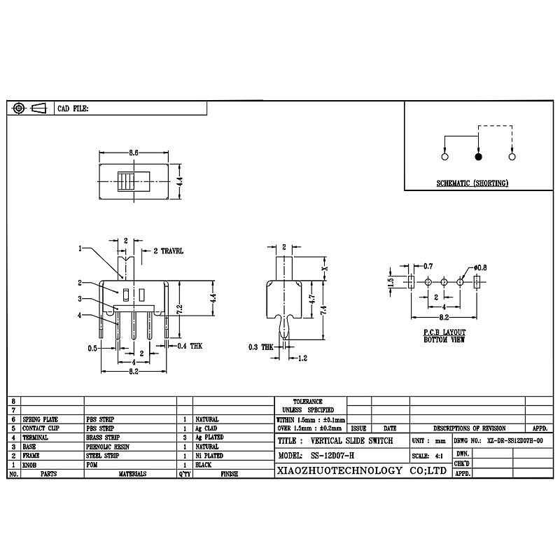 Slide Switch SS12D07 voor kleine huishoudelijke apparaten, 2-Speed ​​single-Rij 3-Pin horizontaal, band verticaal