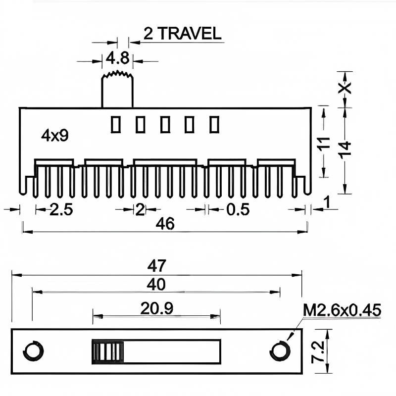 Schuifschakelaar RVS-49D01 Verticaal-Gemonteerd 9-Positie dubbel-Pool Dubbel-Rij miniatuur stroomschakelaar voor speelgoed